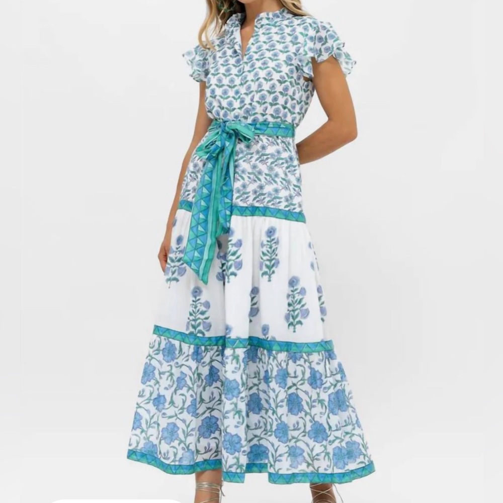 Oliphant Terra Blue ruffled collar maxi dress in pretty blue floral print.